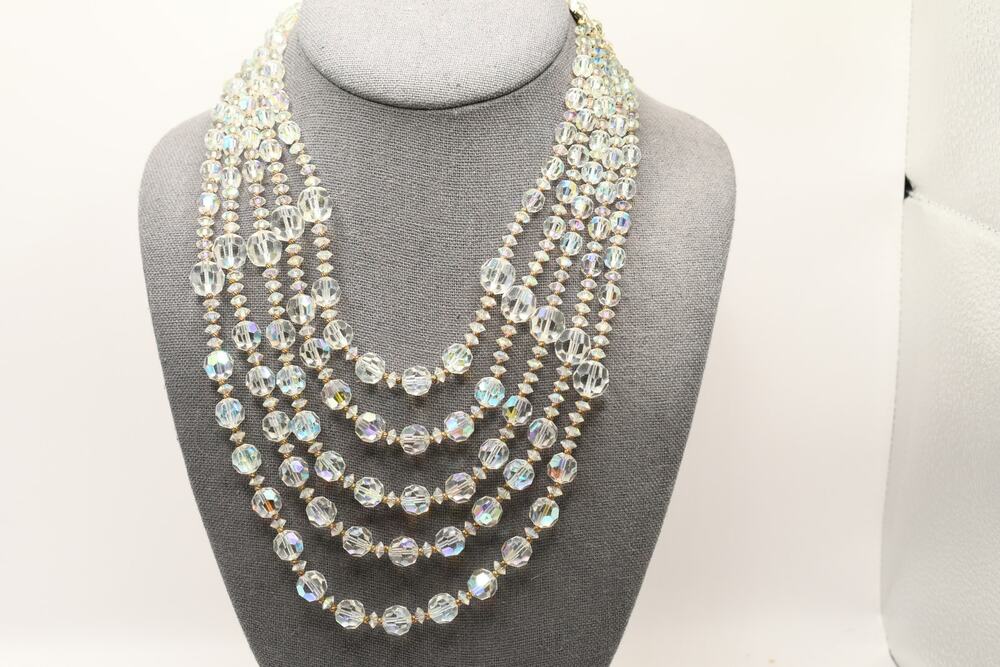 Vintage Vendome 5 Strand AB Crystal Bead Necklace Aurora Borealis Statement